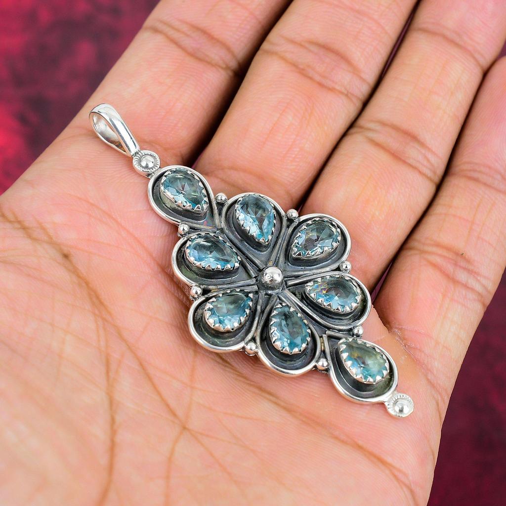 Blue Topaz Pendant, 925 Solid Sterling Silver Gemstone Jewelry, Handmade Pendant, For Thanksgiving