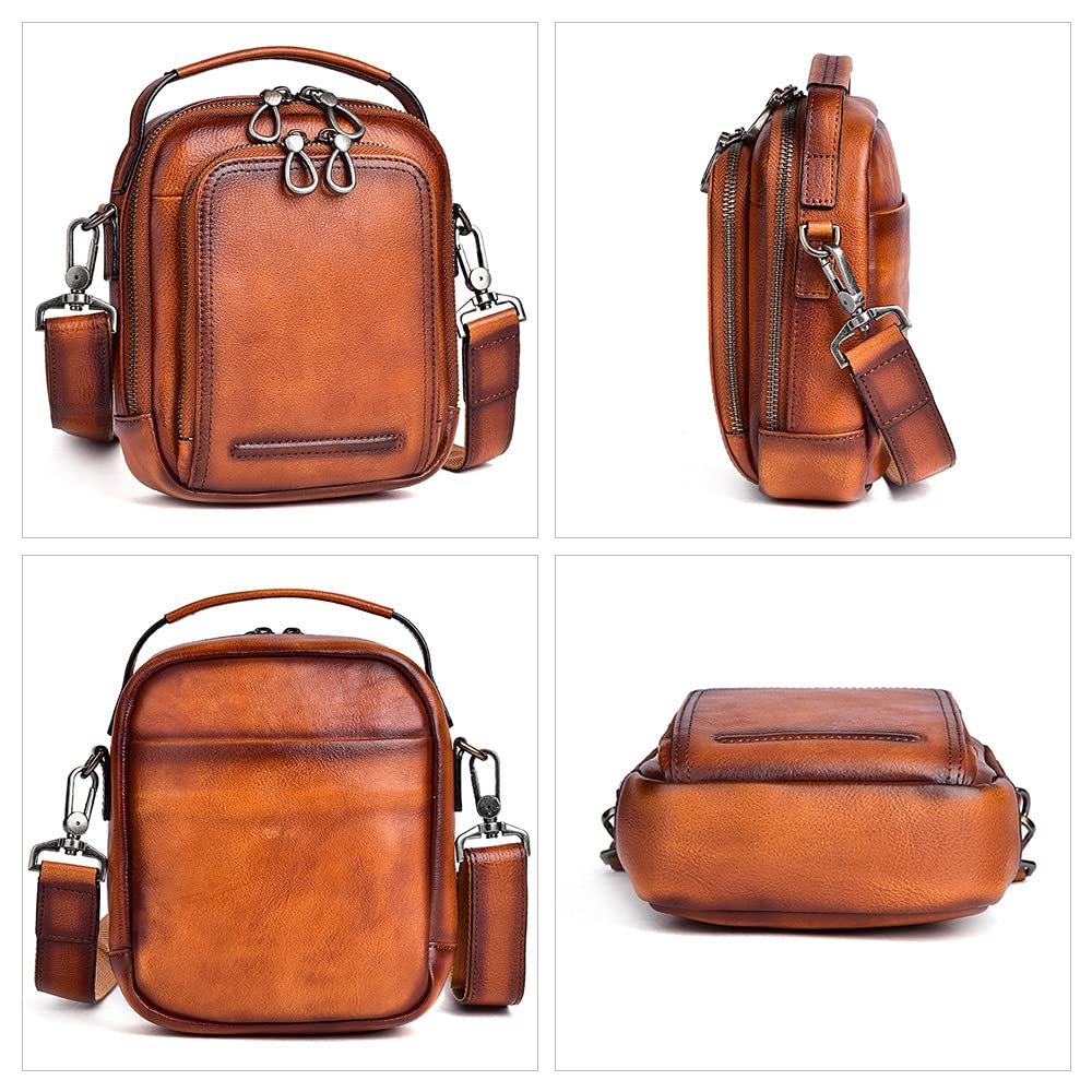 Whatna Antique-Style Tanned Natural Cowhide Leather Shoulder Bag for Men, 2-Way, Crossbody, Handbag, with Two Card Pockets, Vertical Design, Genuine