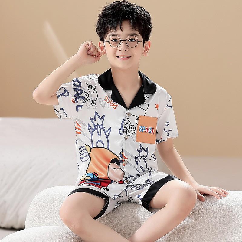 Boys Pajama Set Ice Silk Short Sleeve Cartoon Sleepwear Kids 8 Years Home Loungewear
