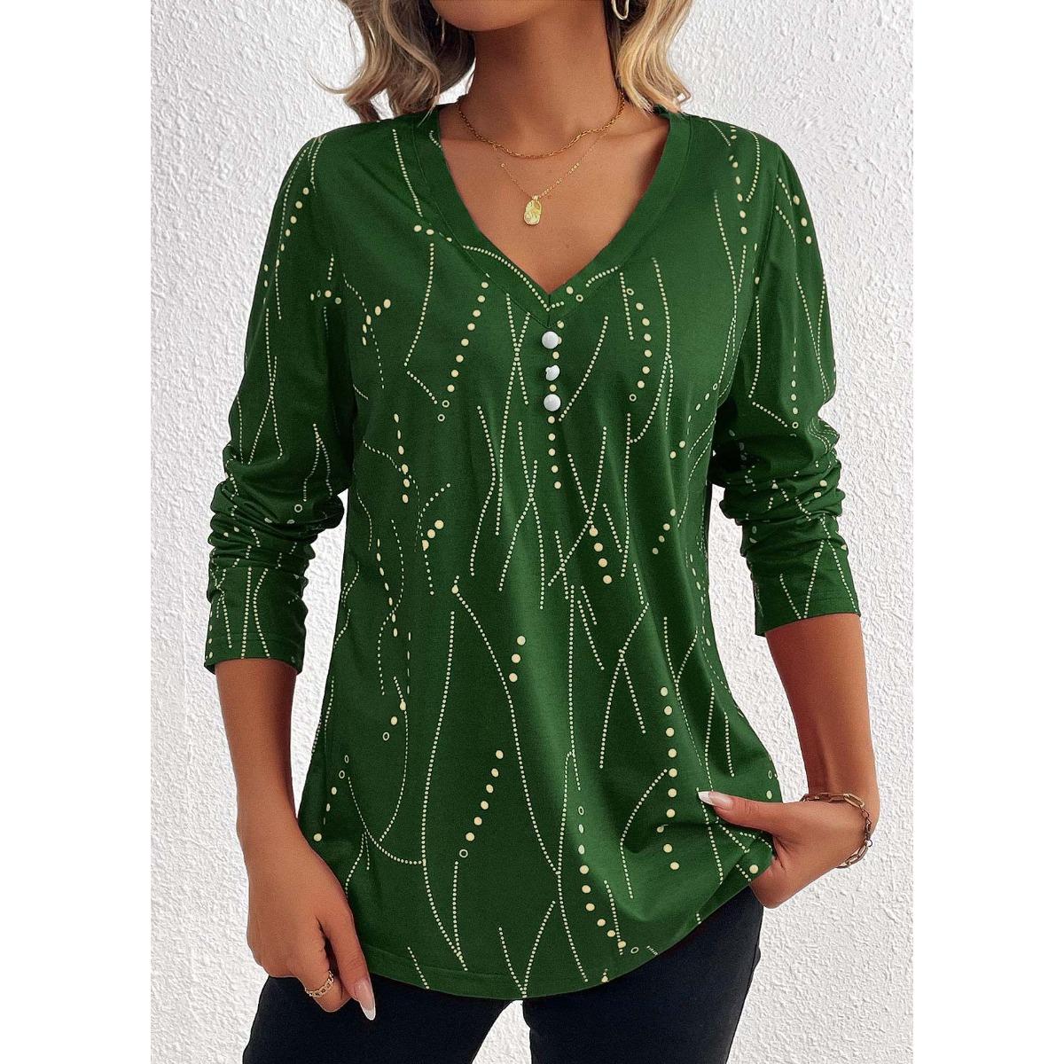 

IHUASU Повседневная футболка с длинными рукавами и геометрическим принтом на пуговицах XXL зелёный