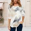 Women Plus Size Round Neck Three Quarter Sleeve Abstract Printed Off White T Shirt