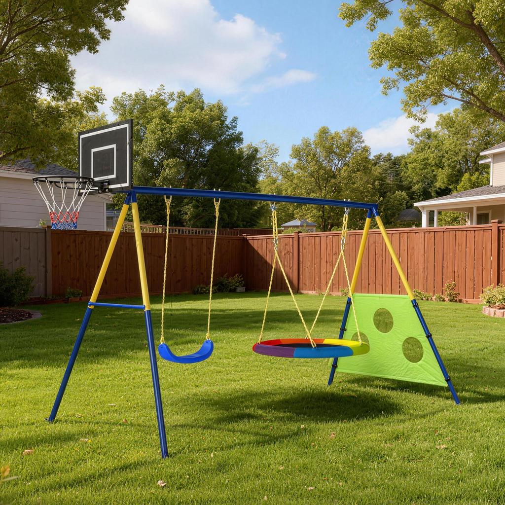 4-in-1 Kids Swing Set with Saucer Swing, Basketball Hoop and Football Goal, Outdoor Playground Playset for Garden