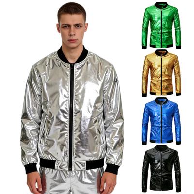 Men Coat Stand-Up Collar Threaded Cuffs Long Sleeve Jacket Coat Golden Stamping Shiny Outerwear Versatile Spring Autumn Casual Wear