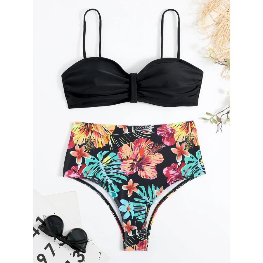 Sexy Solide Bandeau Bikini Set Frauen Tropical Gedruckt Bademode Weiblichen Push-Up Badeanzug Hohe Taille Badeanzug Krawatte Zurück Beachwear