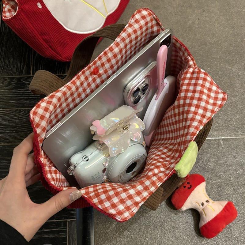 Red Fruit Handbag Creative Cute Corduroy Shoulder Bag Stylish Outing Canvas Bag With Fruit Pendant Casual Versatile Shoulder Bag
