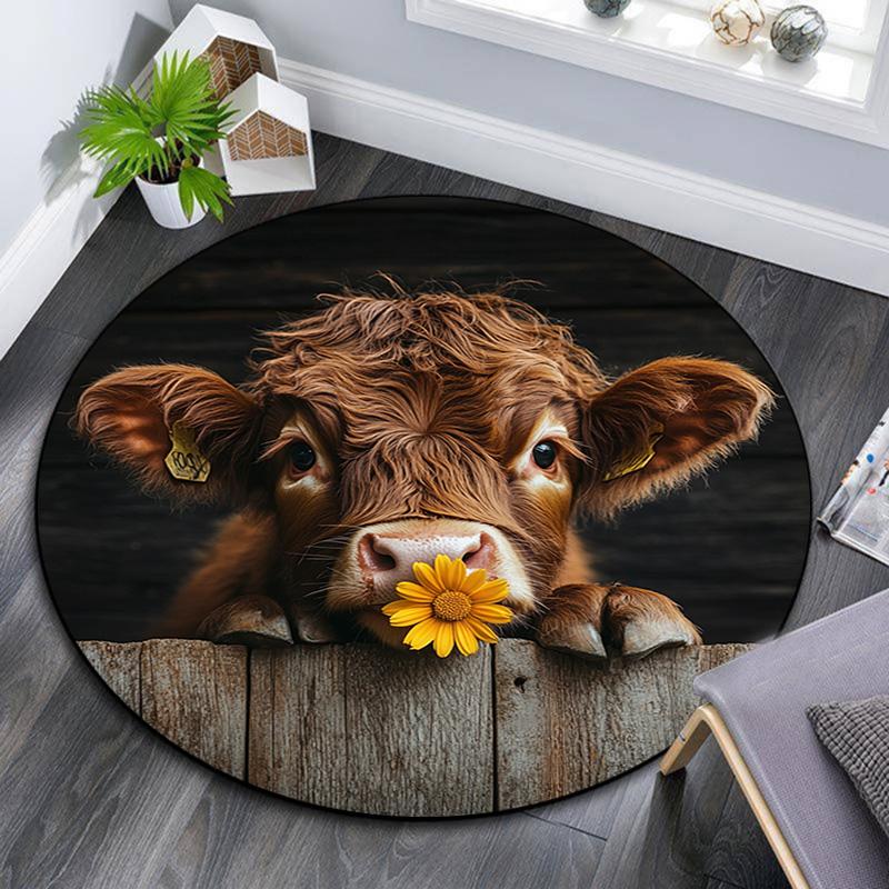 

Cow with Flower Round Area Rug,Carpet Rug for Living Room Bedroom Sofa Playroom Decor,Non-slip Floor Mat 80cmx80cm