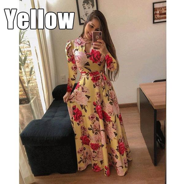 Fashion Women Casual Long Sleeve Dress Maxi Dresses High Waist Flower Dress Party Dress