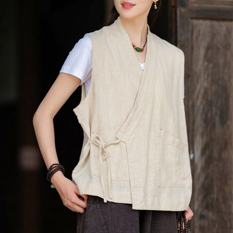 Johnature Women Chinese Style Belt Vests Coats V-Neck Solid Color Cloths Autumn Loose Vintage Vests