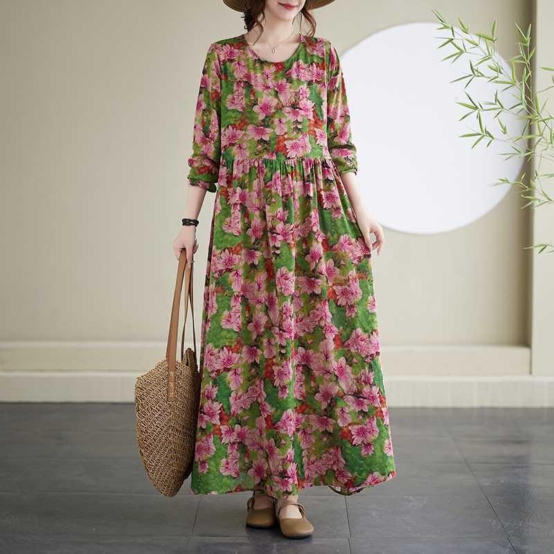 Vacation Style Round Neck Vintage Long Flesh Covering Dresses