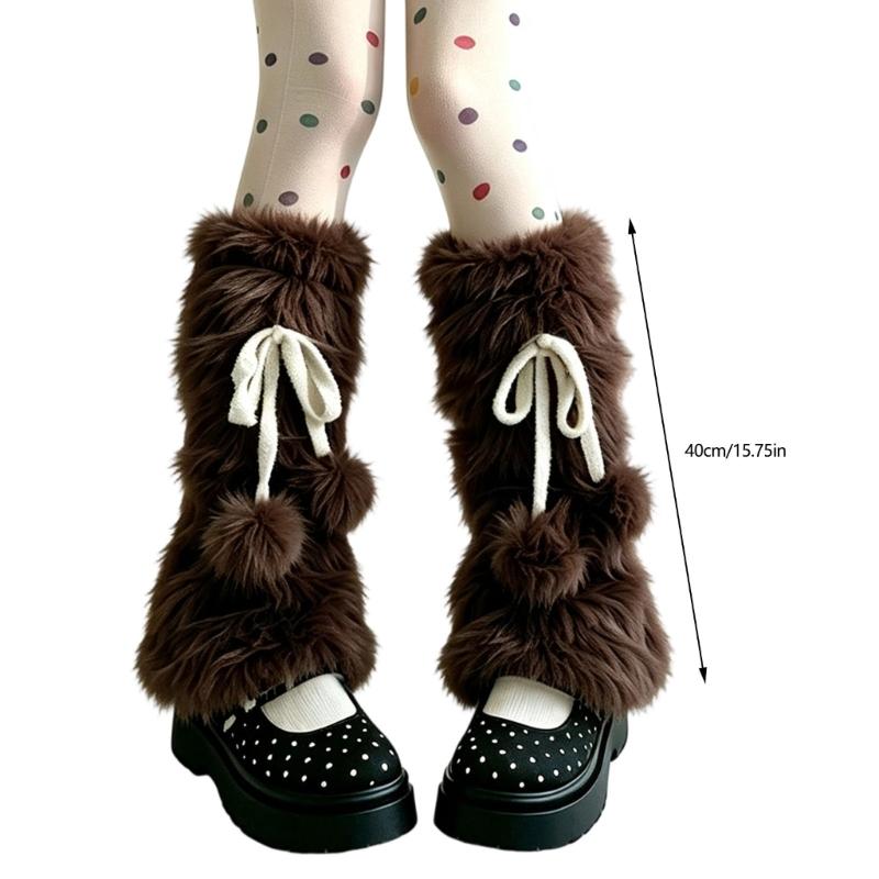 Plush Leg Warmers for Fall and Winter Layering, with Flared Lower Openings, and Bowknot Accent, Thick Faux Furs Boot Covers Long Socks for Women
