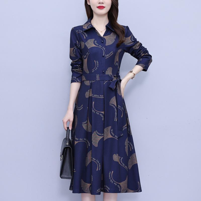 Elegant Floral Waist-Cinched Dress for Middle-Aged Women – Slimming Autumn/Winter Style