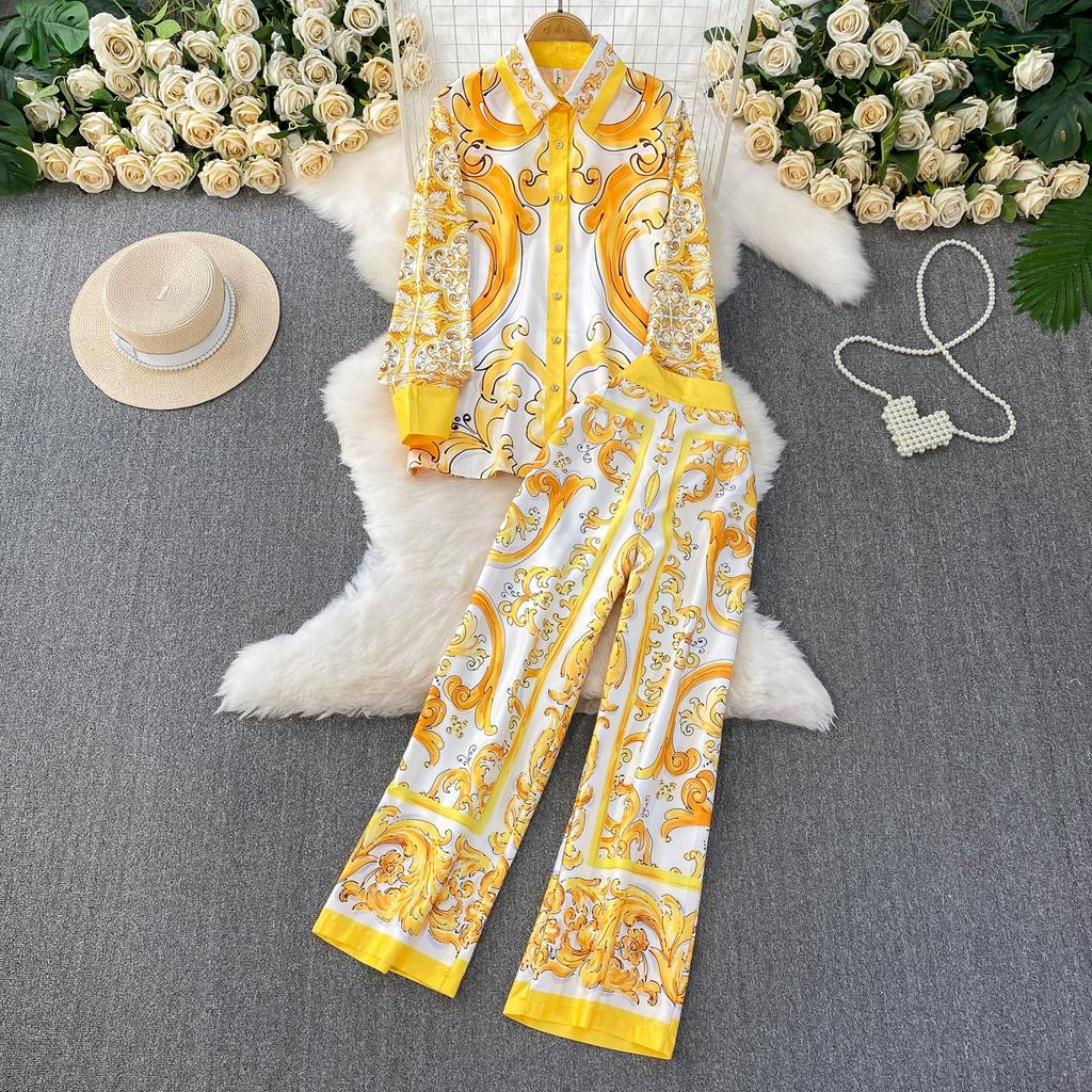 Spring Autumn Vintage Designer Print Runway Trouser 2 Piece Set Women Turn-down Collar Shirt And Elastic Waist Pocket Pant Suit