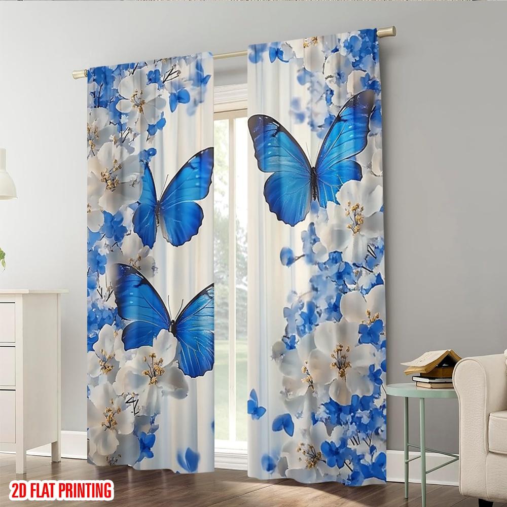 Flat Printing Scene Curtains Blue Butterfly Flower Fabric Without Electricity Birthday Party Perfect Home Wall Yard Set Of 2 Made Polyester