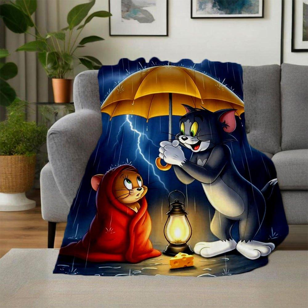 Tom and Jerry Rainy Night Adventure Poster PrintBlanket Flannel Throw Blanket for Sofa, Bed, Travel, Camping, Office