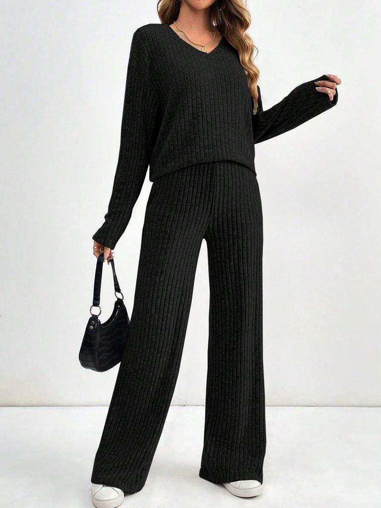 Women's Autumn 2025 Fashion: V-Neck Rib-Knit & Straight-Leg Pants Set