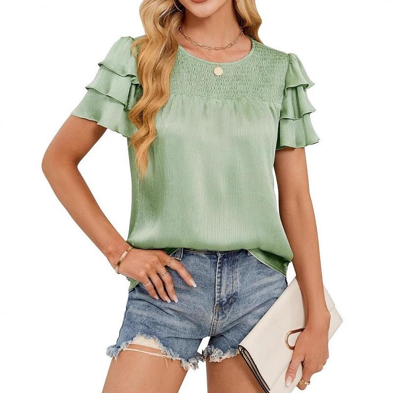 Ladies Summer Ruffles Short Sleeve O Neck Solid Color Casual Holiday Pullover Blouse Shirt Top