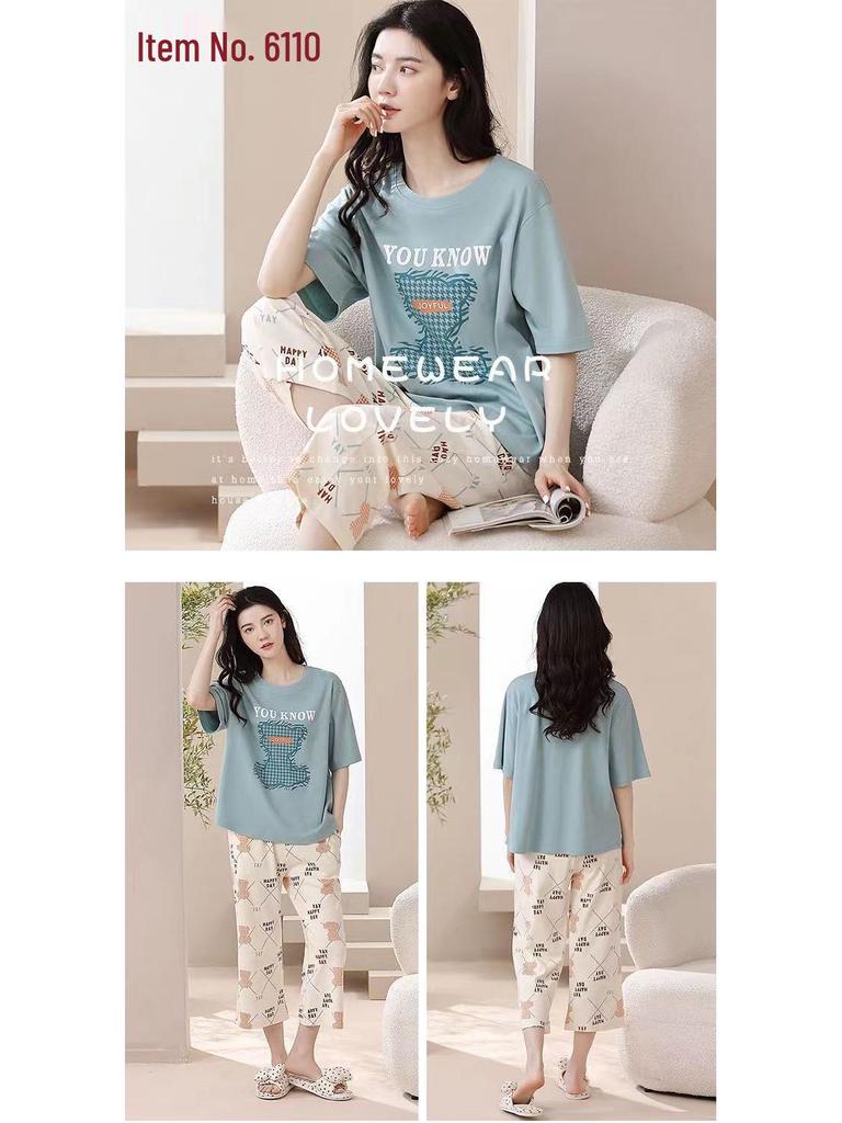 Women's Summer Korean Cartoon Pajama Set - Short-Sleeved Top with Seven-Point Pants