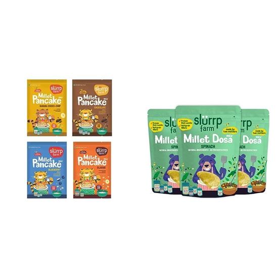 Slurrp Farm No Maida Pancake Trial Pack Combo, 50g X 4 & Slurrp Farm High Protein Millet Dosa Instant Mix, Supergrains And Spinach, 150g (Pack Of 3) 200GM