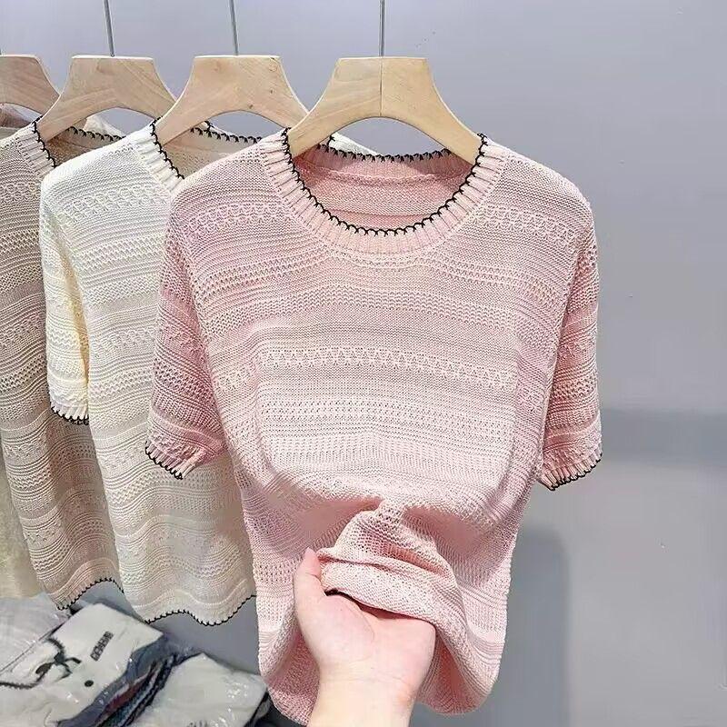 Hollow Out Knitted Shirt Short Sleeved T-shirt for Women Summer Stylish and Loose Thin Top