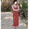 French Red Floral Spaghetti Strap Summer Dress - Women's 2024 Beach Vacation Long Dress