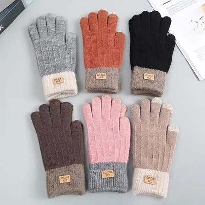 Knitted Biker Gloves With Leather Label Winter Outdoor Full Finger Gloves For Women