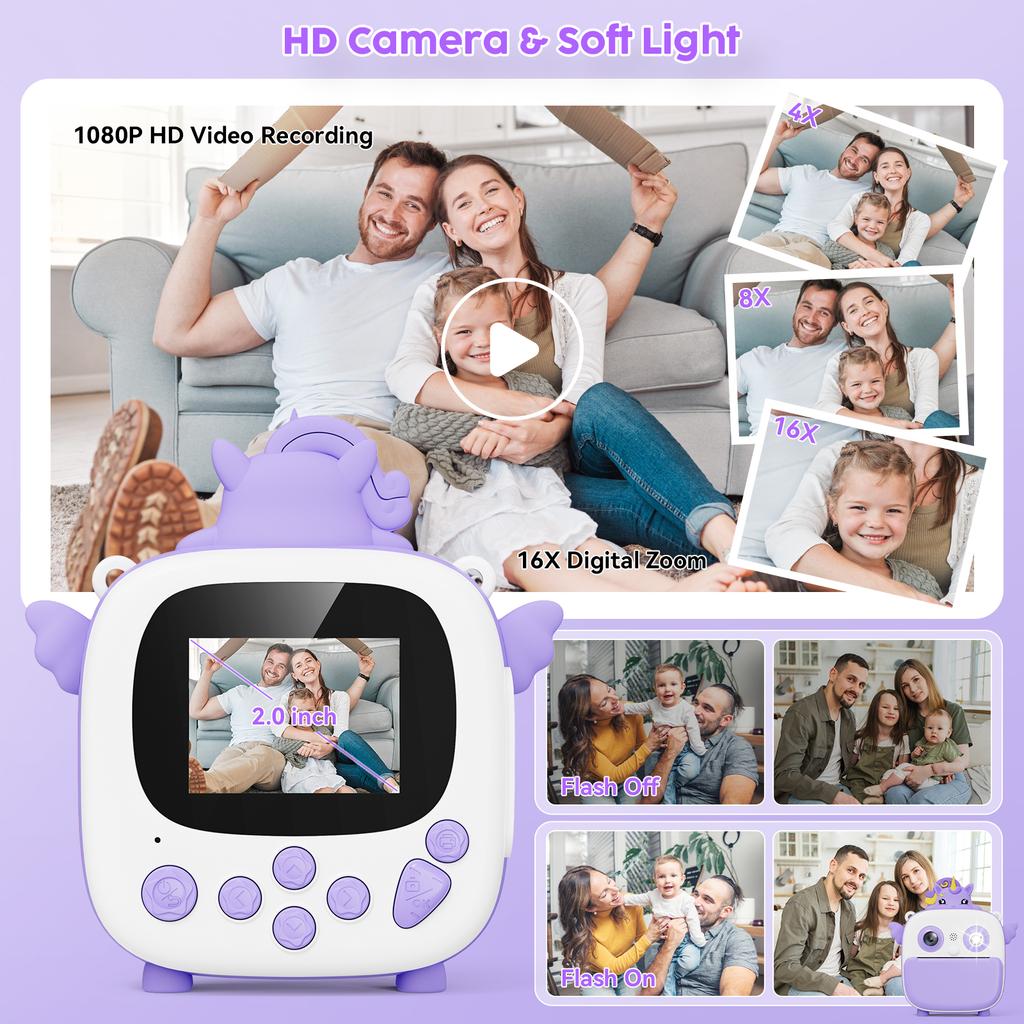 Kids Toys Camera Instant Thermal Printing Camera Children Christmas Birthday Gift 2-Inch HD Screen 16X Zoom Vlog Photography