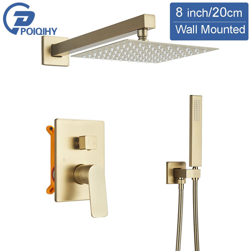 POIQIHY Brushed Golden Shower Faucets Wall Mount Concealed Shower Set Rainfall Bath Shower Mixers 2 Ways Bathroom Mixer Tap