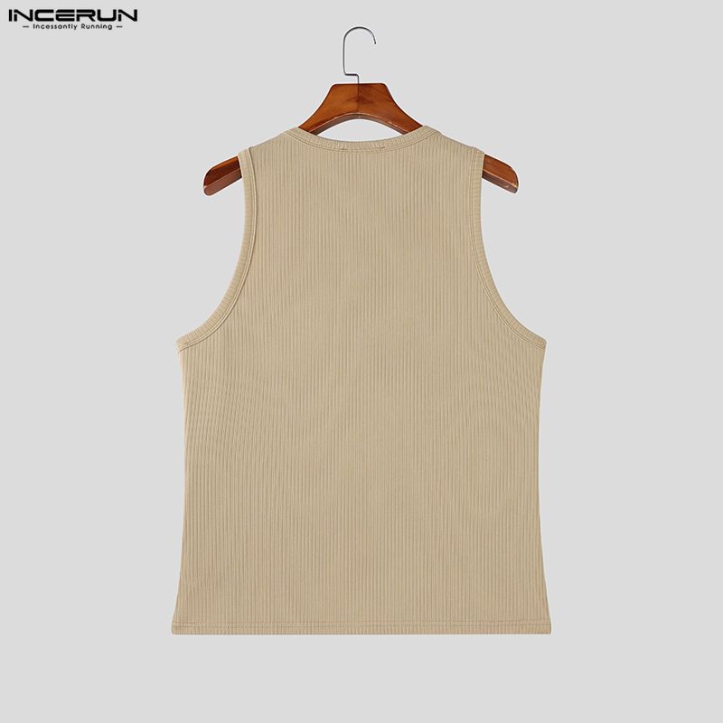 INCERUN Summer Men Sleeveless Print Ribbed Casual Sport Tank Tops Vest