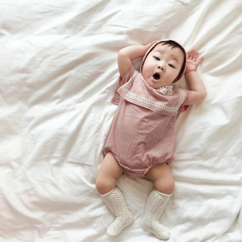 2024 Léto Velký Límec Krajka Bavlna Dětský Romper a Klobouk Set