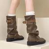 2025 retro belt buckle trousers women's western cowboy boots autumn and winter knee-high fashion boots