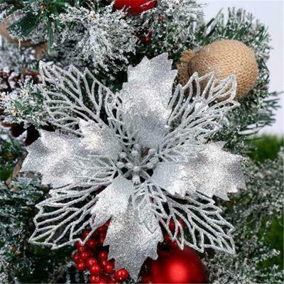 10pcs Christmas Poinsettia Glitter Flower Tree Hanging Party Xmas Decor 13cm Artificial Flowers For Home Wedding Decor