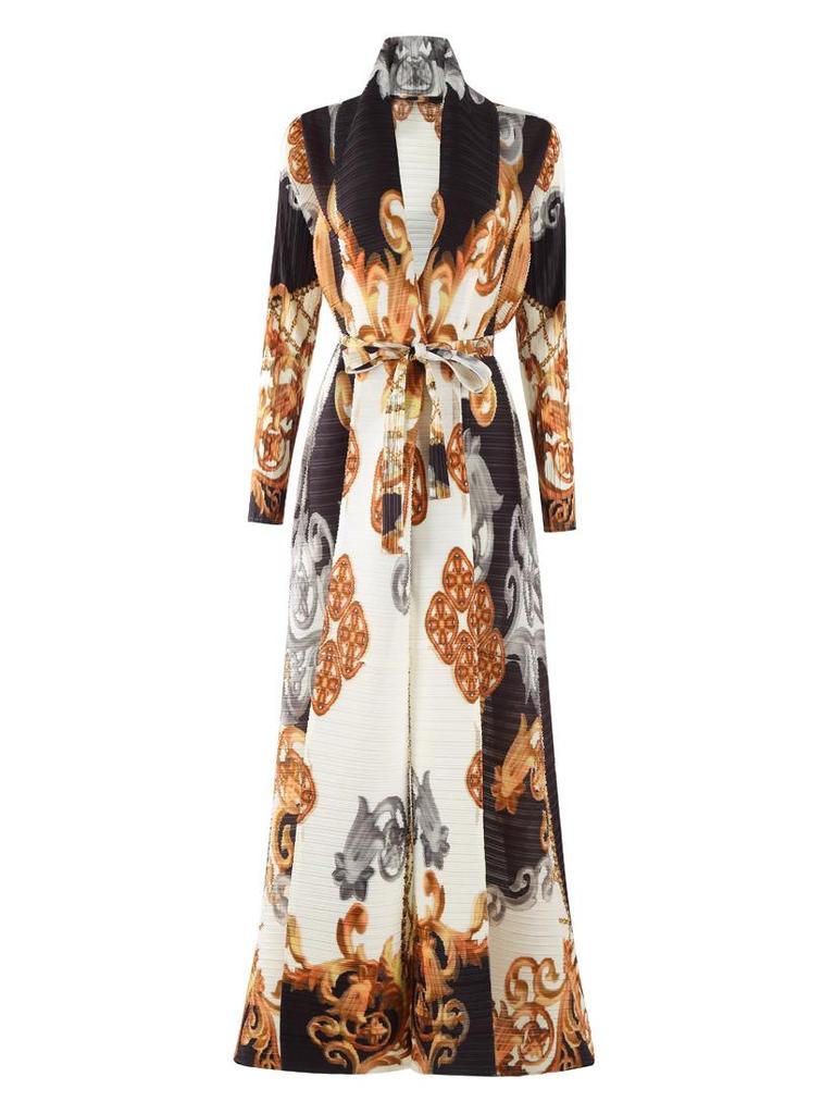 Pleated Printed Long Trench Coat for Women - 2025 Spring Lapel Loose Fit Plus Size Long Sleeve Robe