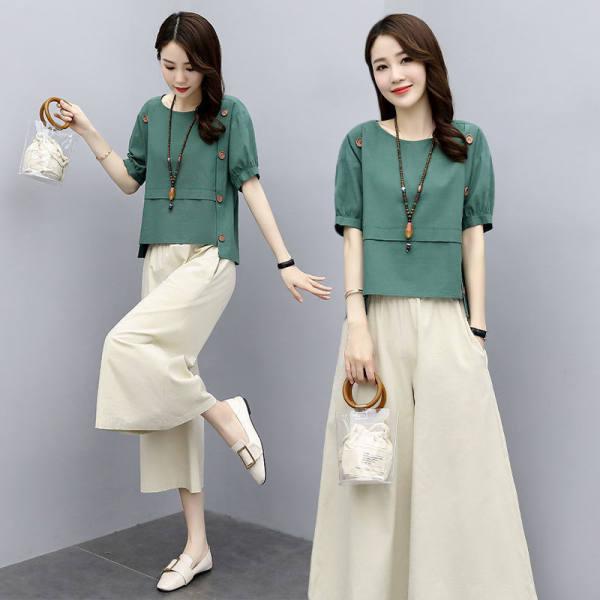 2022 Women's Fashionable Loose Two-Piece Summer Set: Short-Sleeved Dress & Wide-Leg Pants for a Slim, Stylish Look