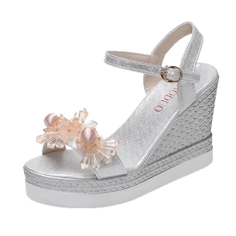 

Женские сандалии 2025 лето новые жемчужные прозрачные стразы высокий каблук пряжка модные женские сандалии на танкетке женская пляжная обувь 35 серебряный