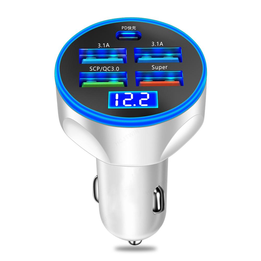 5 In1 250W Car Charging Five-hole Simultaneous Charging Adapter Type-C Car Charger with Digital Display PD QC3.0 Phone Charger