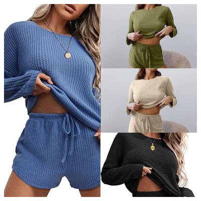 Zweiteiliger Herbst- und Winterpyjama für Damen, lässiger Rundhalsausschnitt, langärmelige Shorts mit weitem Bein, Waffelmuster, bequemer Homewear-Anzug