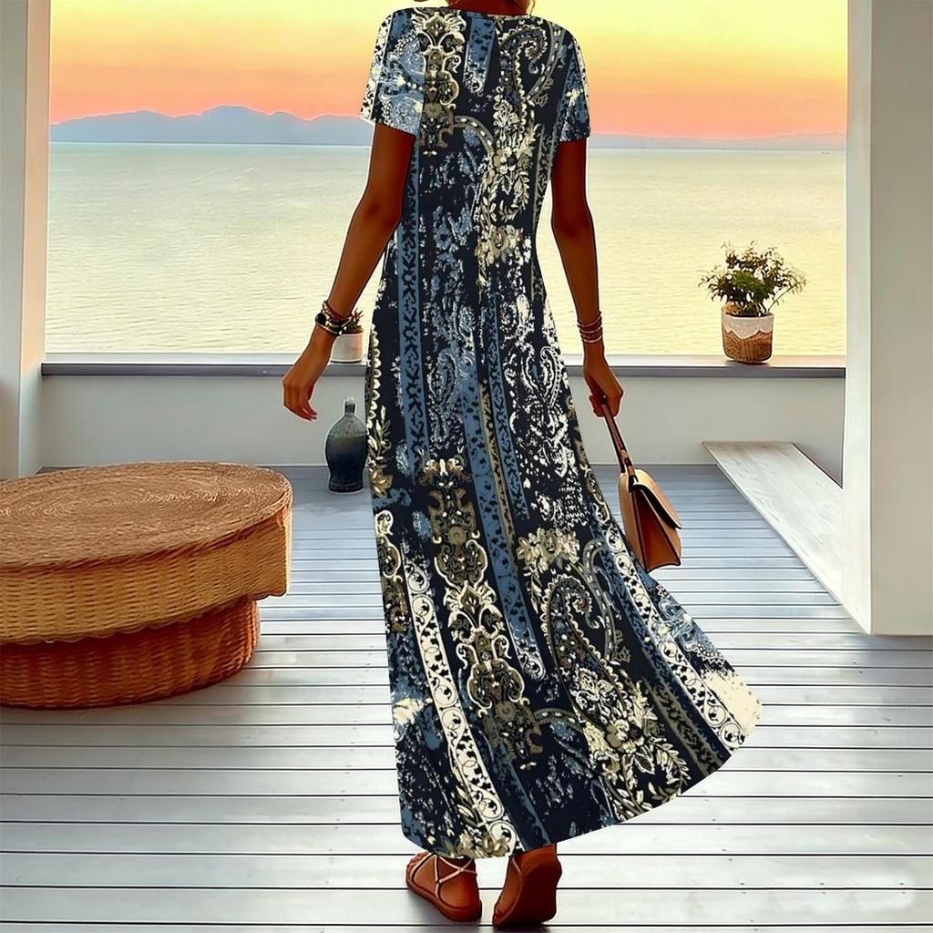 Women Plus Size Short Sleeve V Neck Maxi Dress Warm Camel Leopard Print Loose Summer Vacation Long Dress