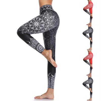 Womens Black Lotus Prints Stretch Yoga Leggings Fitness Running Gym Sports Active Pants