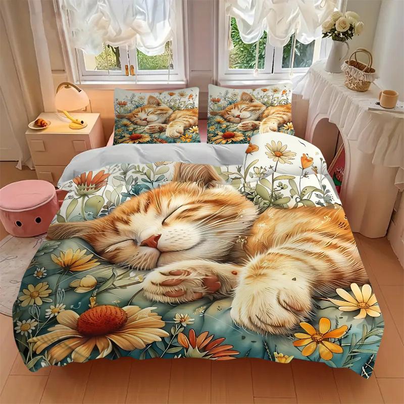 3pcs Sleeping Ginger Kitten Printed Quilt Set, Soft and Comfortable Quilt Cover for Bedroom