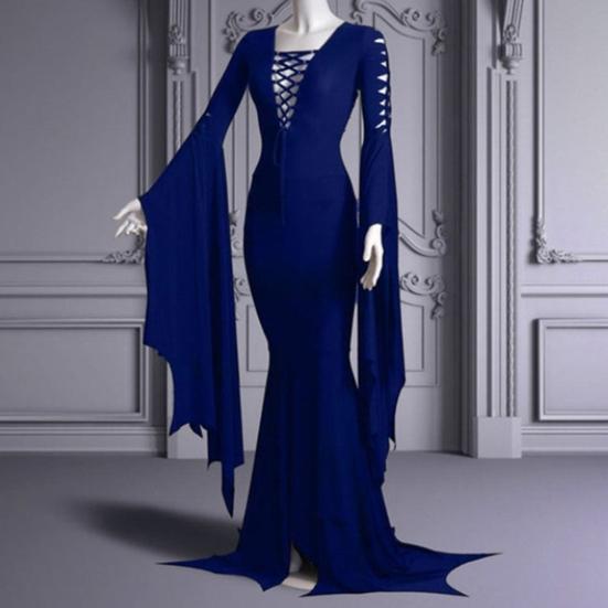 Women Long Dress V-Neck Flared Sleeves Solid Color Irregular Sway Design Lace-Up Gown Robe Halloween Costume