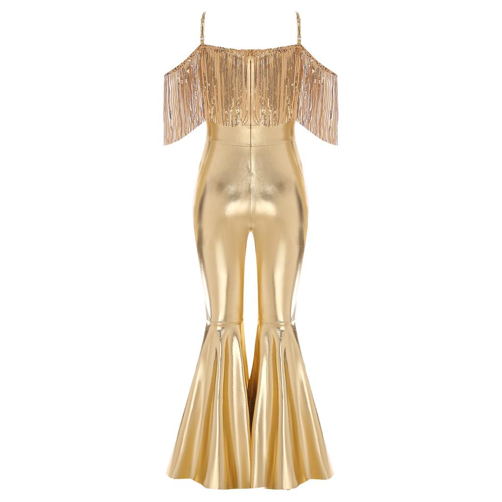 Sparkly Sequins Jumpsuit for Girls Spaghetti Strap Sleeveless with Tassels Flared Pants Pageant Club Outfit