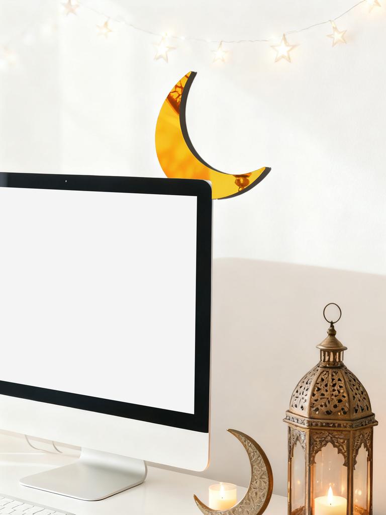 Islamic Wooden Golden Moon PC Monitor Decor Acrylic Crescent Hanging Ornaments Ramadan & Eid Home Office Desktop Decoration Gift