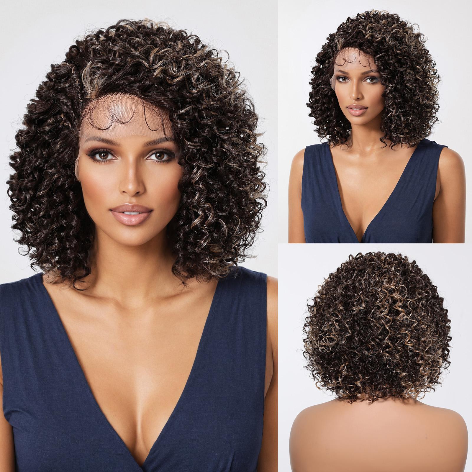 

ALAN EATON 13x1 короткие кружевные синтетические парики вьющиеся темно-коричневые светлые парики детские волосы для чернокожих женщин натуральные высокой плотности 12 дюймов