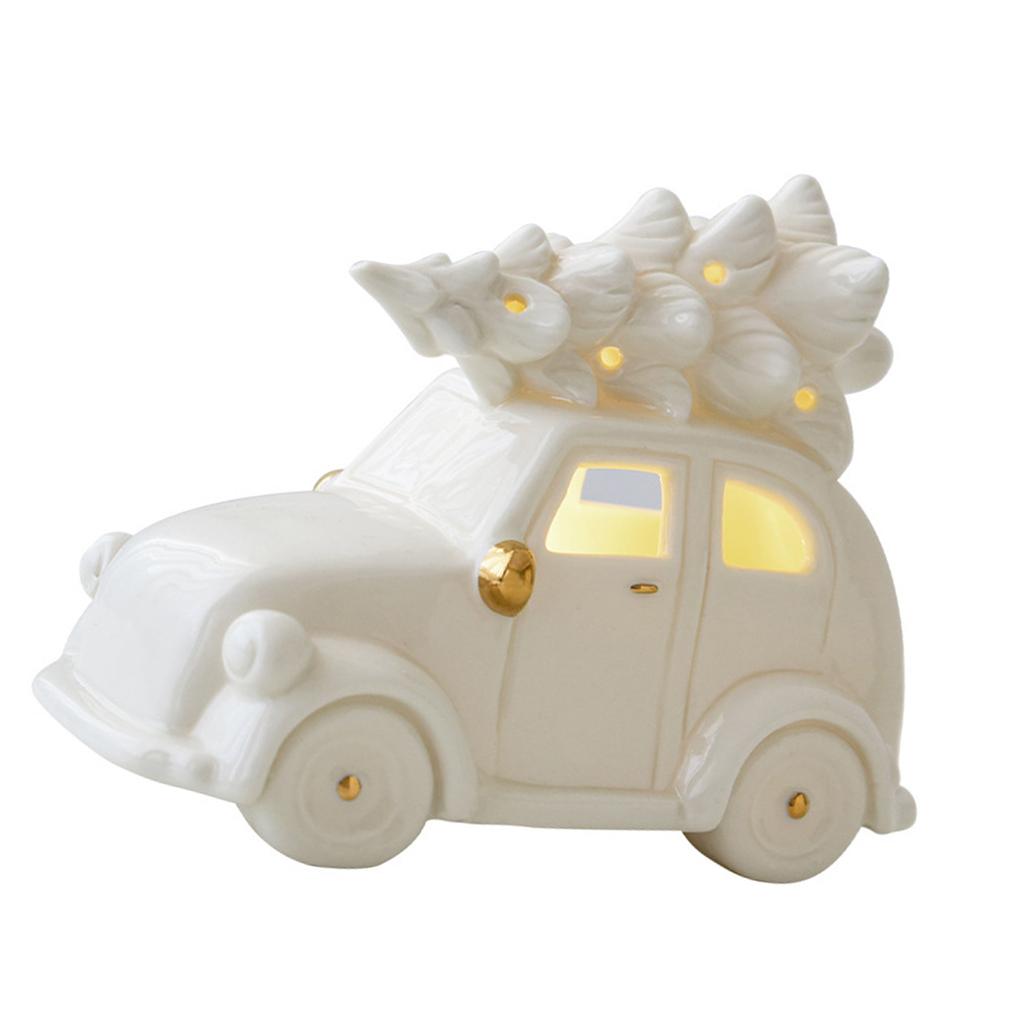 Ceramic Snowman Car Christmas Tree Figurine LED Lighted Cutout Ornament for Table Shelf Decors Compacts Holiday Gift