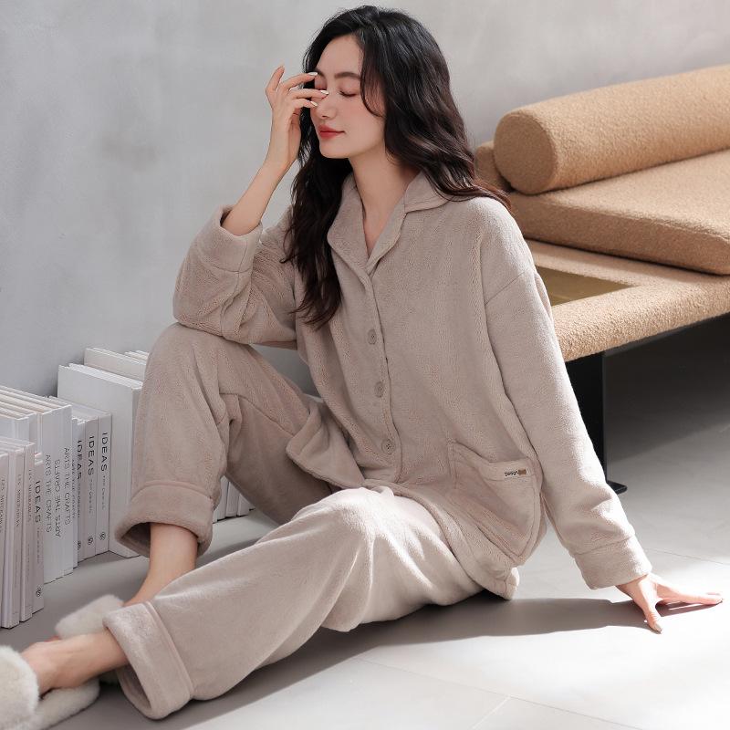 Coral Fleece Pajamas Women'S Autumn And Winter Fleece Thickened Flannel Furry Warm Loungewear Set
