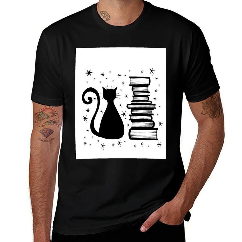 A Cat Books Tshirt Simple Solid Color Crew Neck Tee