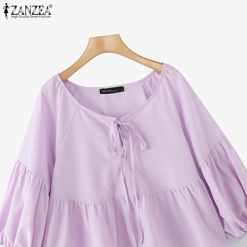 ZANZEA Dámské vintage halenky s kulatým výstřihem, lucernou a 3/4 rukávem a zavazováním