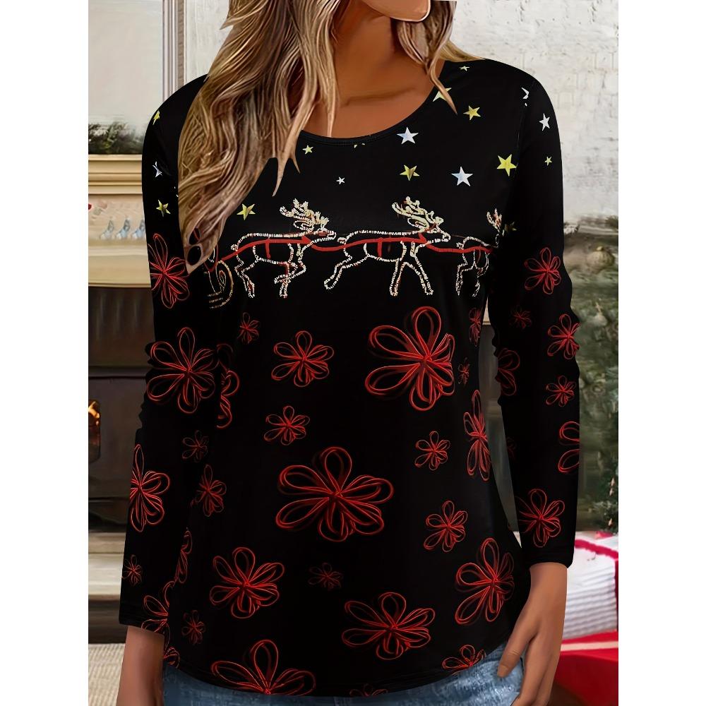 3D Printed Christmas Theme O-Neck Red Long Sleeve T-Shirts Fashion Womens Clothing