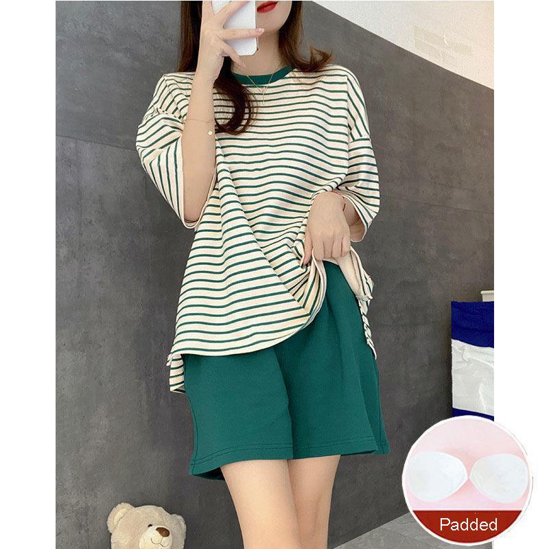 

Summer Self Chest Pad Pajamas Extra Large Size Women Striped Student Pajamas Striped Short Sleeve Shorts Easy Clean Pajamas Two Piece Sets XXXXL зелений