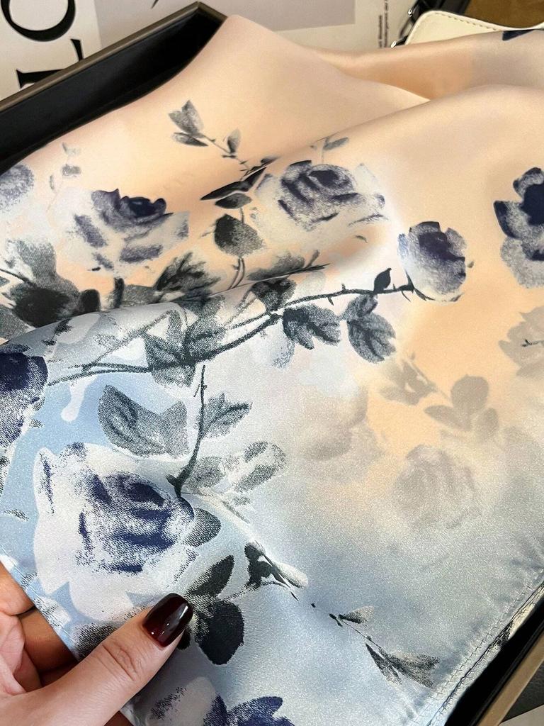 Low-key luxury womens headscarf is a must-have for spring and summer Imitation silk printed square scarf is fashionable 2024